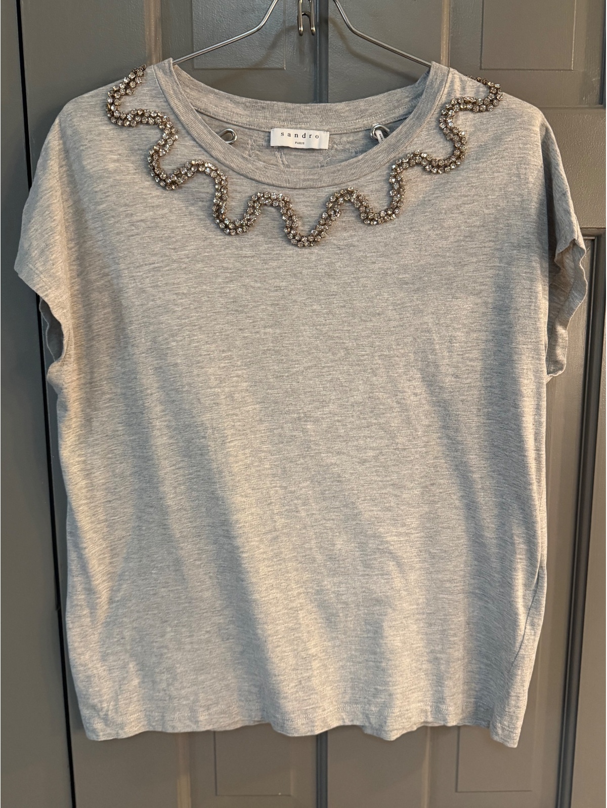 Sandro Paris Grey T Shirt With Rhinestone Collar Embellishment Size 2 (Medium)